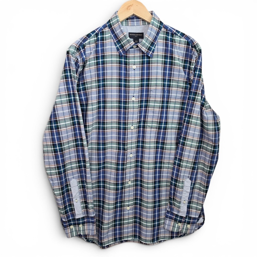 Banana Republic‎ Shirt Mens Large Blue Plaid Button Up Long Sleeve Casual Pocket